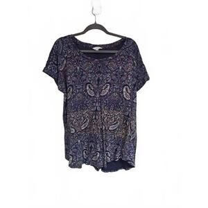 Lucky Brand Women 1X Plus Navy Blue BOHO Paisley Tee Shirt Top